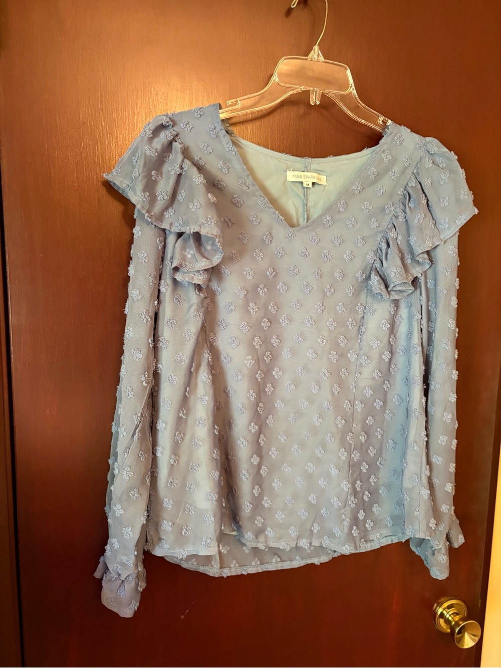 Blue Swiss Dot Ruffle long Sleeve top Medium - Picture 7 of 8